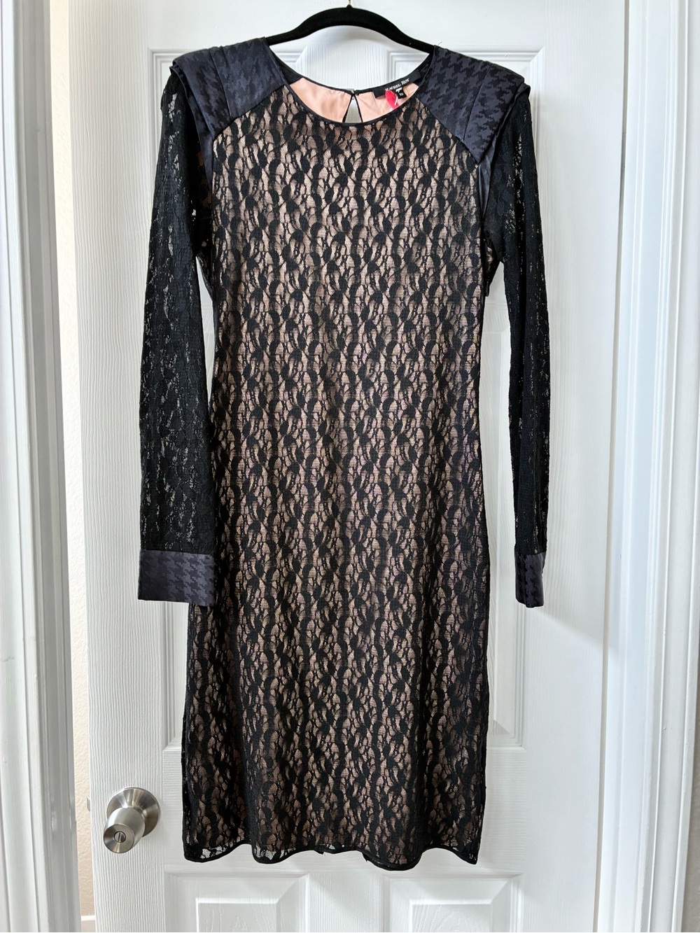 RACHEL Rachel Roy Black Lace Long Sleeve Dress over Nude Slip